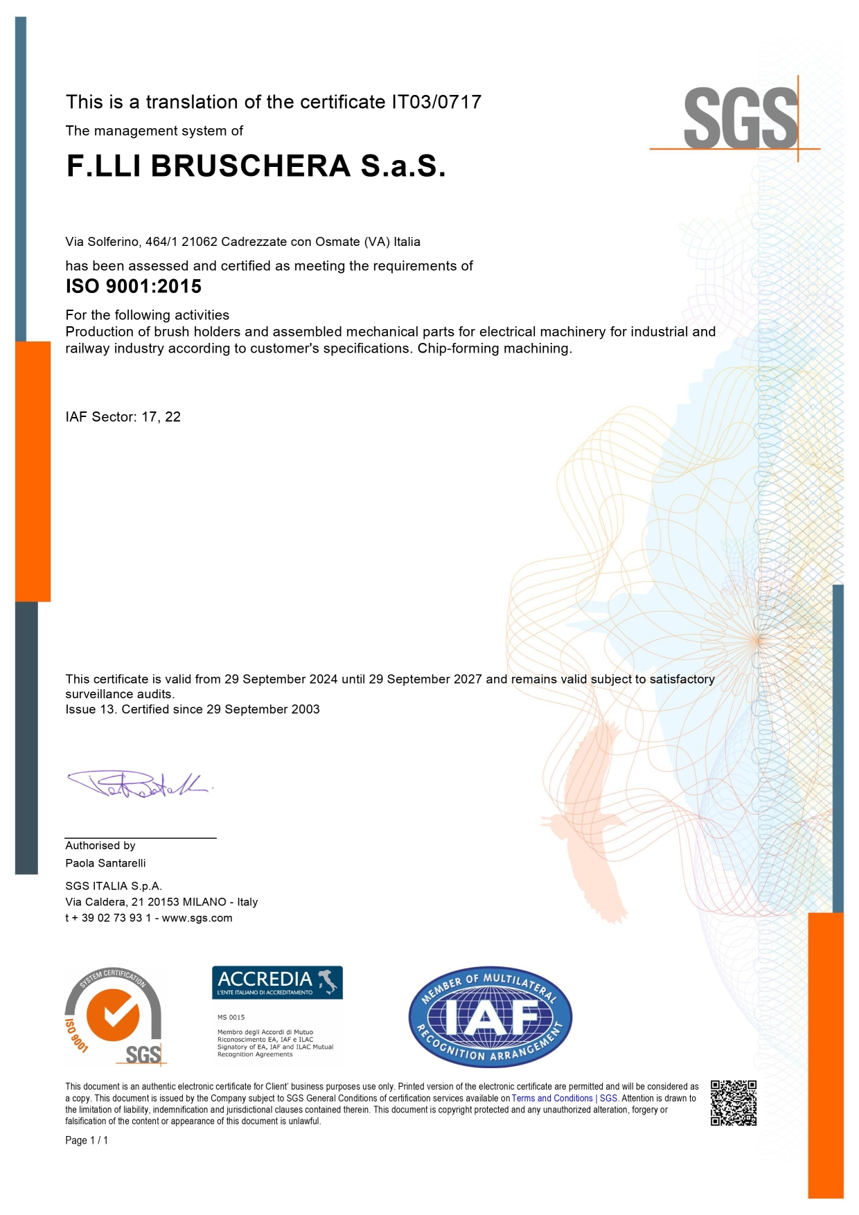 UNI EN ISO 9001:2015 certificate